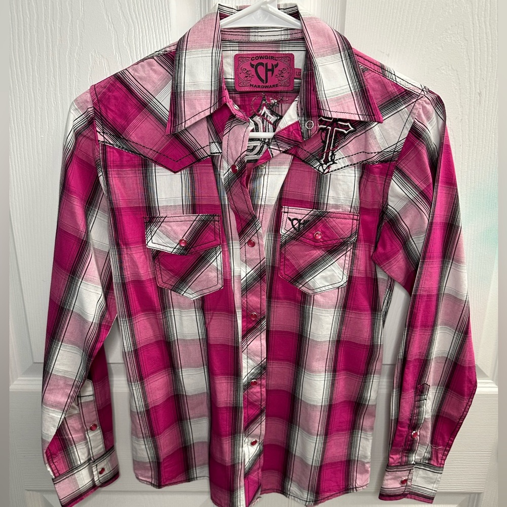 White, pink and black plaid pearl snap